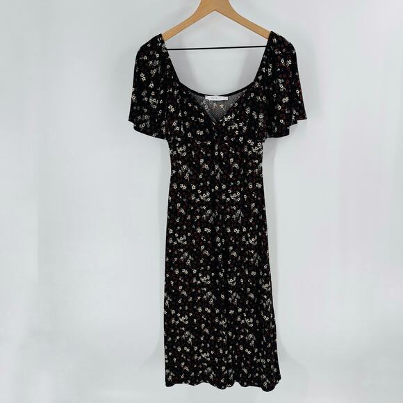 Lush Black Brown Floral Maxi Dress Flutter Sleeve V-Neck Size Medium - Picture 1 of 6